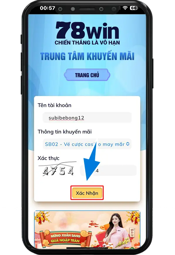 Bước 4 : Nhập Tên Đăng Nhập => chọn Khuyến Mãi SB02=>Nhập mã xác thực => Hệ thống sẽ xét duyệt tự động